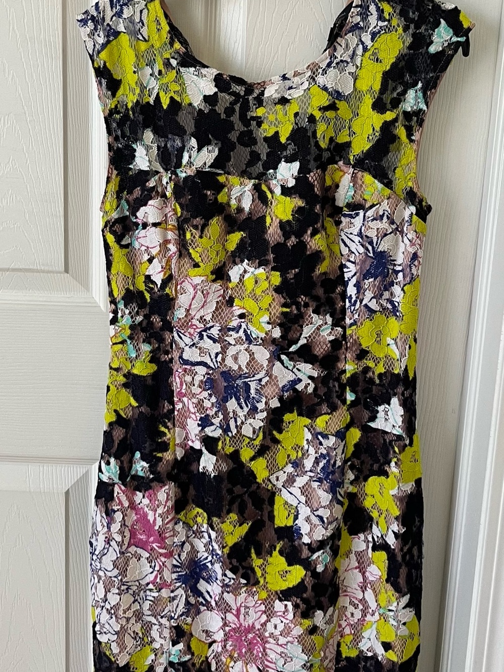 French Connection Floral Lace Midi Dress in Black, Yellloe, Pink, Blue & Cream